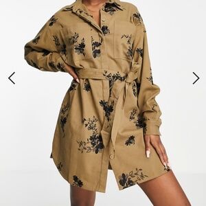 ASOS DESIGN Embroidered Twill Mini Shirt Dress with tie waist in khaki